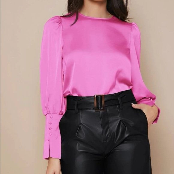 Luxe button cuff lantern sleeve satin blouse - Picture 8 of 13